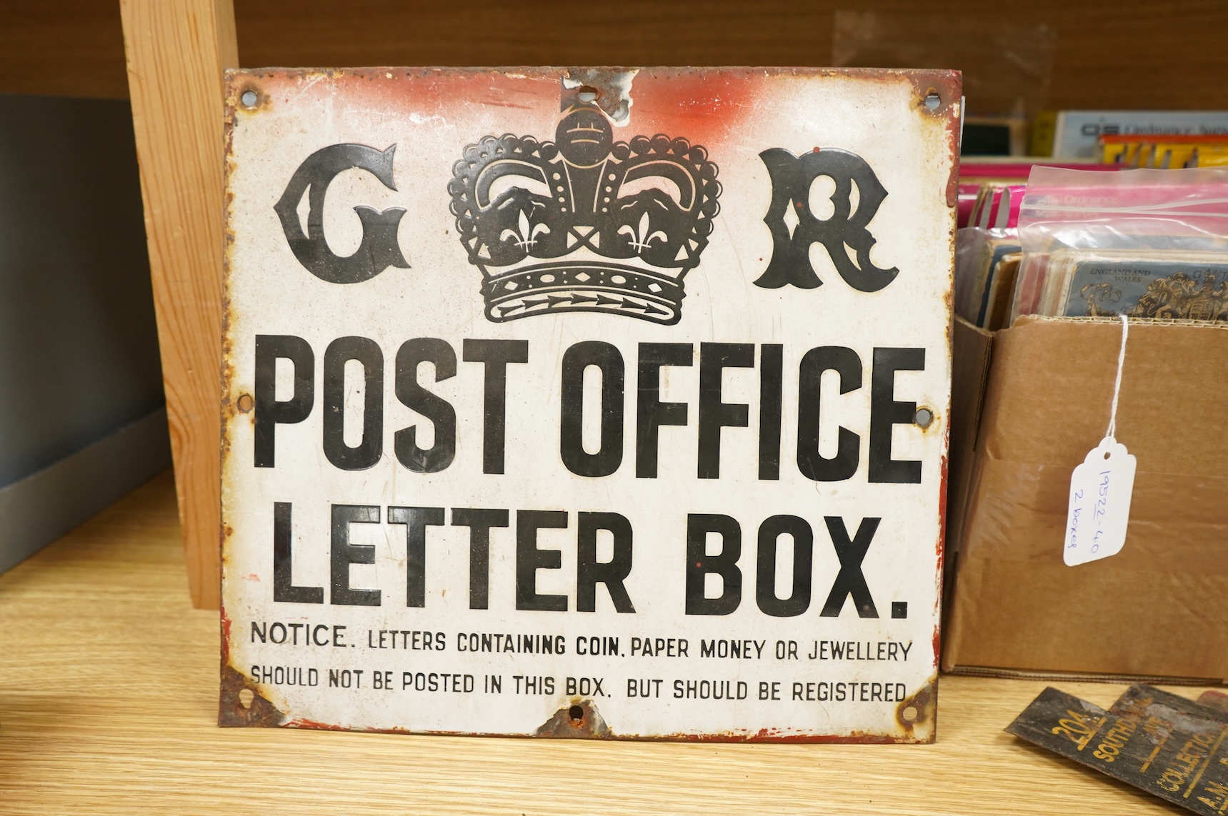 An enamelled GR Post Office Letter Box plaque, together with a group of enamel plates with details regarding the collection of post, the location of the pillar box, blanking plates, etc., with some referring to Lewes loc